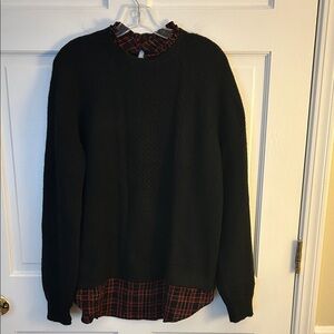 LOFT Black Crewneck Sweater with Red Plaid Detail